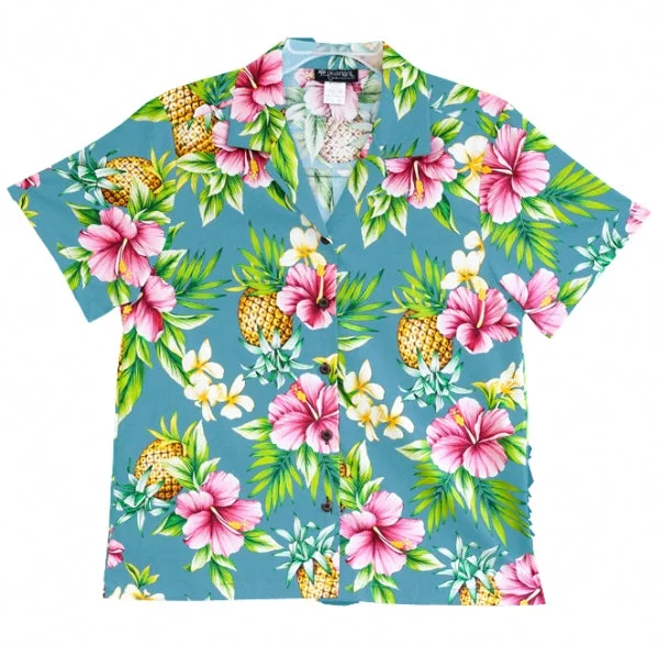 Pineapple Party Ladies Tropical Hawaiian Camp Shirt in Slate Casual Oversized Short Shirt Pineapple Party Ladies Tropical Hawaiian Camp Shirt in Slate Casual Oversized Short Shirt