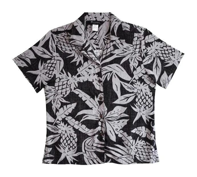 Pineapple Twist Ladies Hawaiian Camp Shirt in Black Cozy Knit Short Sleeve Top