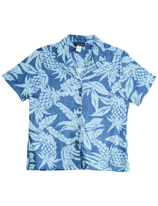 Pineapple Twist Ladies Hawaiian Camp Shirt in Blue Classic Casual Short Sleeve