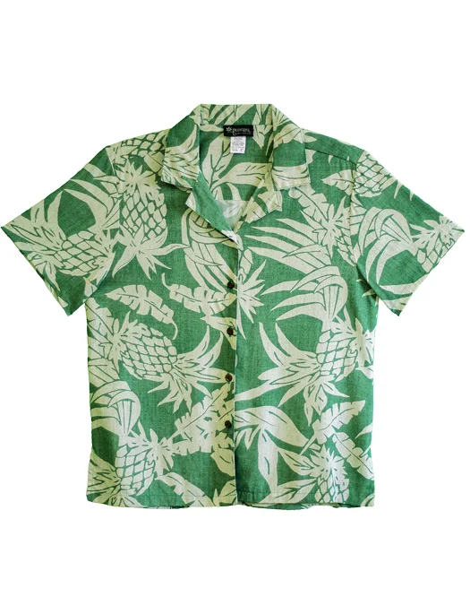 Pineapple Twist Ladies Hawaiian Camp Shirt in Sage Classic Short Sleeve Tunic