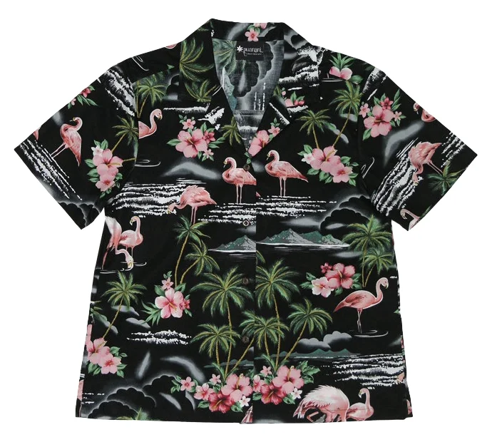Pink Flamingo Ladies Tropical Hawaiian Aloha Camp Shirt in Black Fashionable Sheer Short Shirt Pink Flamingo Ladies Tropical Hawaiian Aloha Camp Shirt in Black Fashionable Sheer Short Shirt