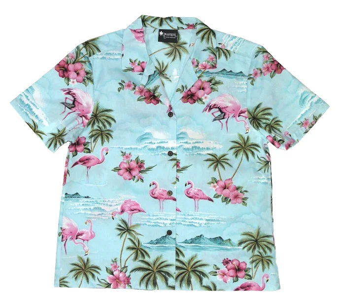 Pink Flamingo Ladies Tropical Hawaiian Aloha Camp Shirt in Blue Comfortable Summer Short Shirt Pink Flamingo Ladies Tropical Hawaiian Aloha Camp Shirt in Blue Comfortable Summer Short Shirt