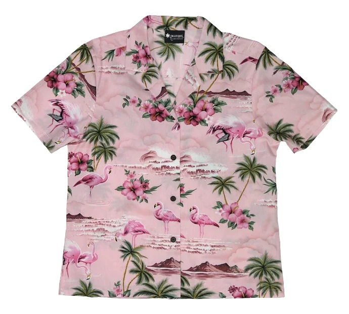 Pink Flamingo Ladies Tropical Hawaiian Aloha Camp Shirt in Pink Trendy Floral Short Sleeve Pink Flamingo Ladies Tropical Hawaiian Aloha Camp Shirt in Pink Trendy Floral Short Sleeve
