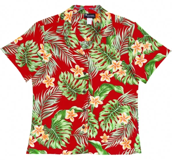 Plumeria Garden Ladies Hawaiian Aloha Camp Shirt in Red Casual Slouchy Short Sleeve