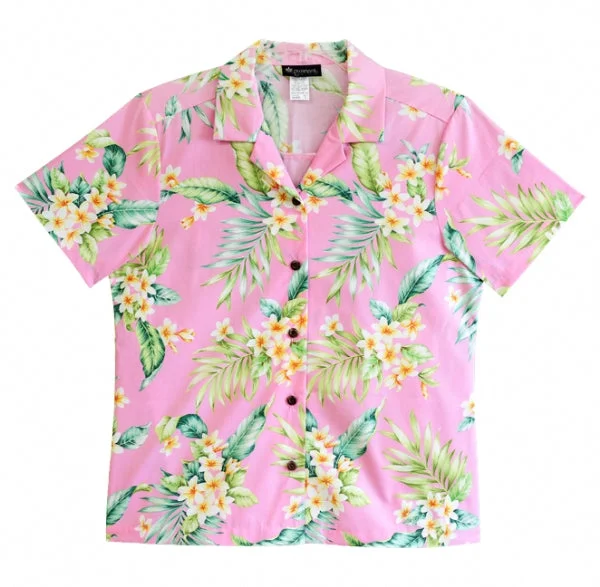 Plumeria Tropics Ladies Tropical Hawaiian Camp Shirt in Pink Classic Button-Up Short Tee Plumeria Tropics Ladies Tropical Hawaiian Camp Shirt in Pink Classic Button-Up Short Tee