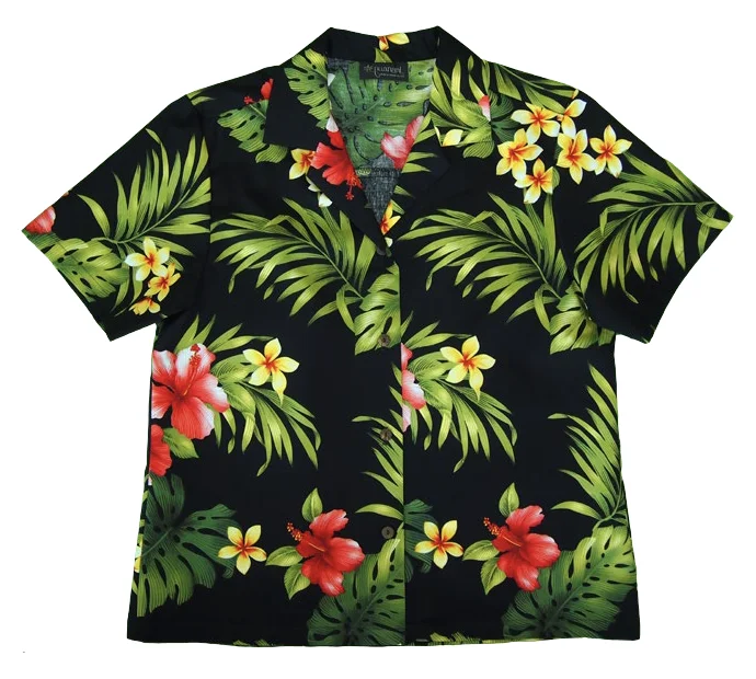 Rainforest - Ladies Tropical Camp Hawaiian Aloha Shirt in Black Fashionable Rounded Short Shirt Rainforest - Ladies Tropical Camp Hawaiian Aloha Shirt in Black Fashionable Rounded Short Shirt