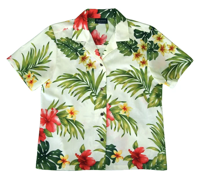 Rainforest - Ladies Tropical Camp Hawaiian Aloha Shirt in Cream Cozy Linen Short Shirt Rainforest - Ladies Tropical Camp Hawaiian Aloha Shirt in Cream Cozy Linen Short Shirt