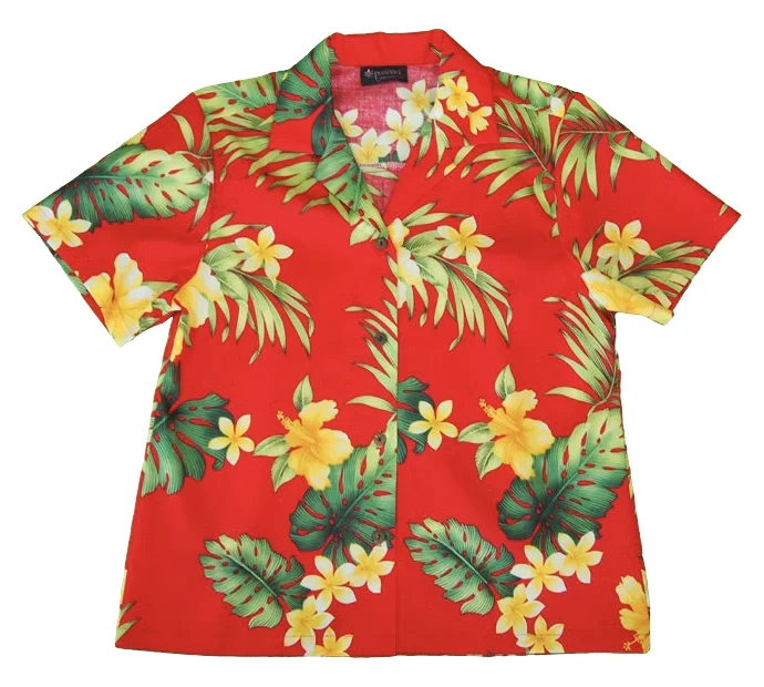 Rainforest - Ladies Tropical Camp Hawaiian Aloha Shirt in Red Trendy Short Sleeve Blouse Rainforest - Ladies Tropical Camp Hawaiian Aloha Shirt in Red Trendy Short Sleeve Blouse