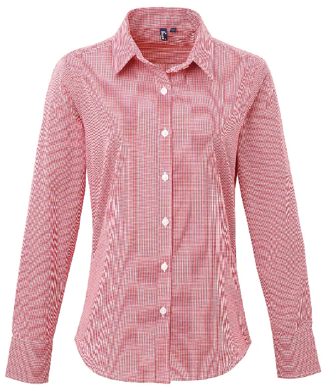 Red/White - Women's Microcheck (Gingham) long sleeve cotton shirt Classic Denim Short Sleeve