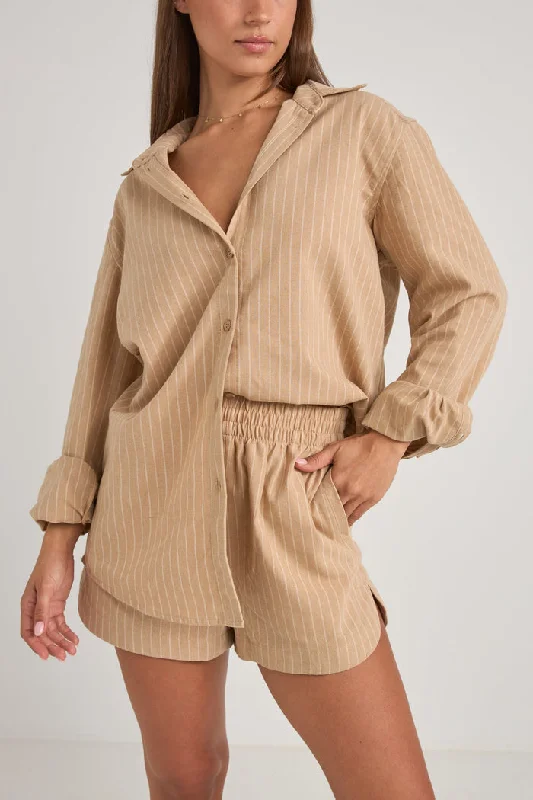 Rhythm Byron Striped Shirt - NATURAL Trendy Button-Front Short Sleeve