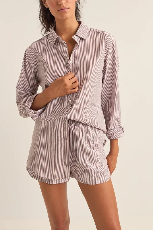 Rhythm Zephyr Stripe Beach Shirt - CHOCOLATE Trendy Short Sleeve Blouse