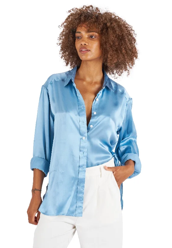 Soie Zenith Blue Oversized 100% Silk Shirt Trendy Print Short Sleeve