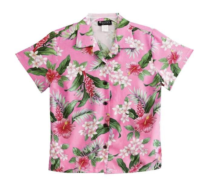 Tropical Dreams Ladies Hawaiian Camp Shirt in Pink Relaxed Fit Short Shirt