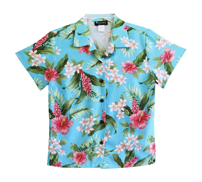 Tropical Dreams Ladies Hawaiian Camp Shirt in Turquoise Comfortable Short Sleeve Blouse