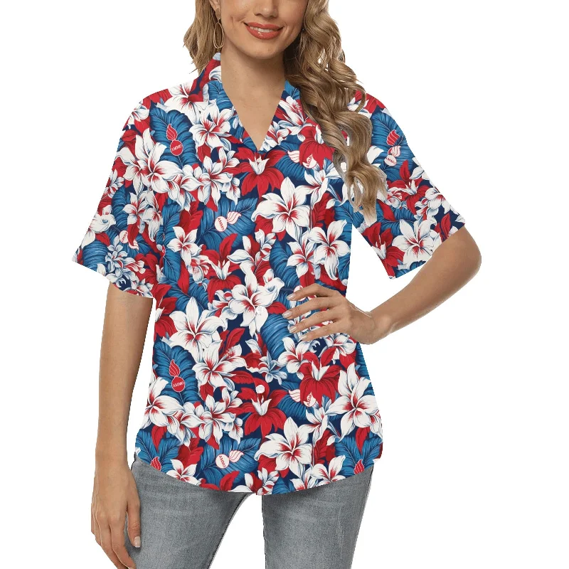 USAF AMMO Red White and Blue Patriotic Tropical Flowers Leaves and Pisspots Womens Hawaiian Shirt Trendy Short Sleeve Blouse