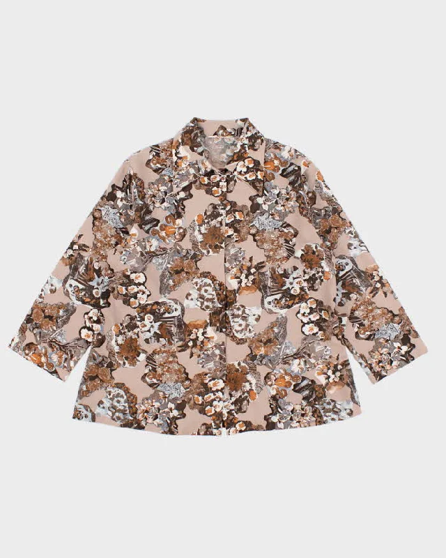 Womens 1990s Brown Floral Button Up Shirt - S Chic V-Neck Short Blouse