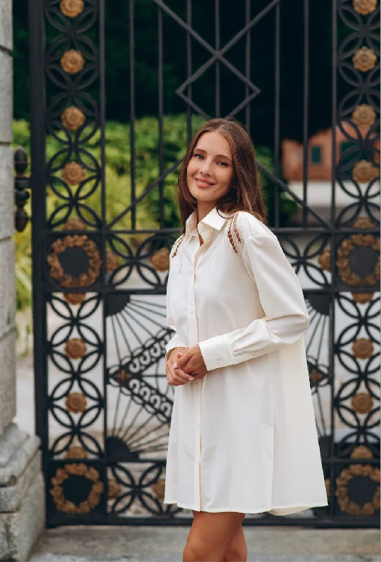 Sustainable Wool shirt with cutwork embroidery Modern Fit Short Sleeve