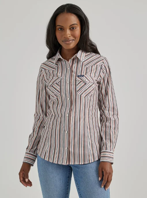 Wrangler Women's Pink Grey Metallic Stripe Slim Fit Snap Long Sleeve Western Shirt 112356665 Modern Casual Short Sleeve Wrangler Women's Pink Grey Metallic Stripe Slim Fit Snap Long Sleeve Western Shirt 112356665 Modern Casual Short Sleeve