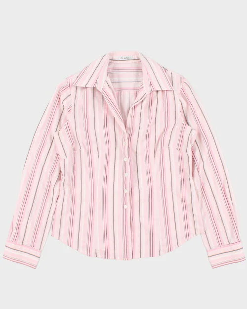 Y2k 00s Planet Striped Shirt - S Stylish Pleated Short Sleeve
