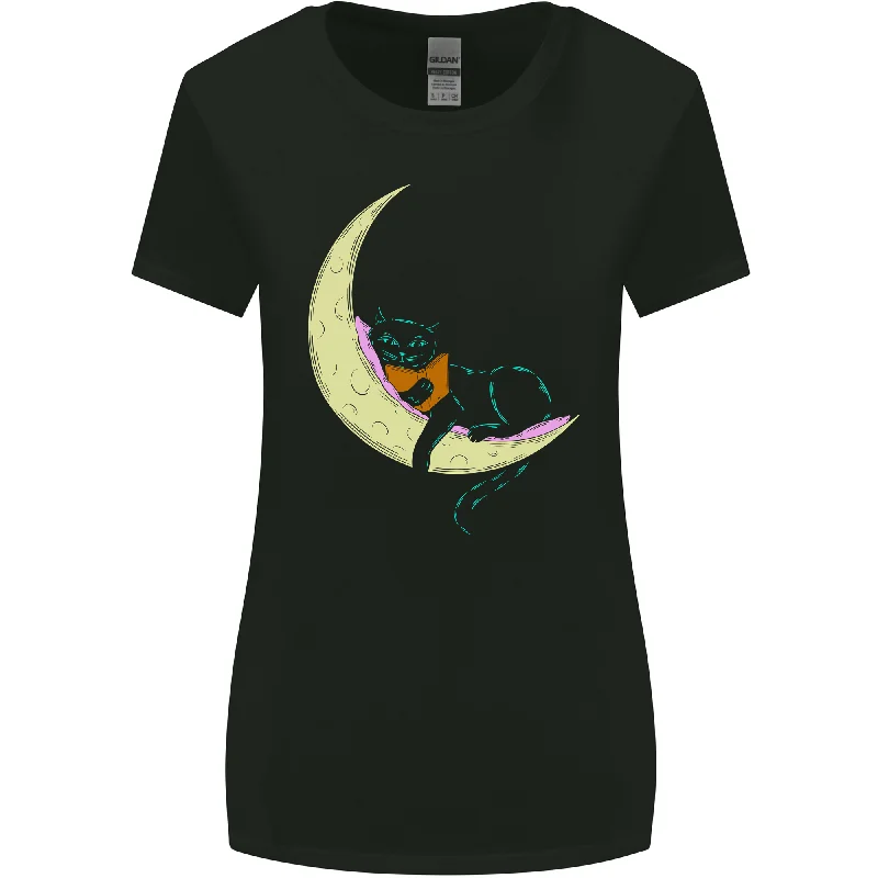 A Chilled Cat Reading a Book on the Moon Womens Wider Cut T-Shirt Anti-Shrink Durable Soft