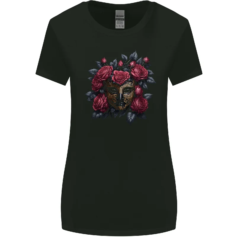 A Chinese Mask With Roses Gothic Goth Womens Wider Cut T-Shirt Front Pockets Side Pockets Patch Pockets