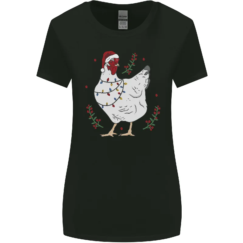 A Christmas Chicken Wearing an Xmas Hat Womens Wider Cut T-Shirt Zippered Buttoned Snapped