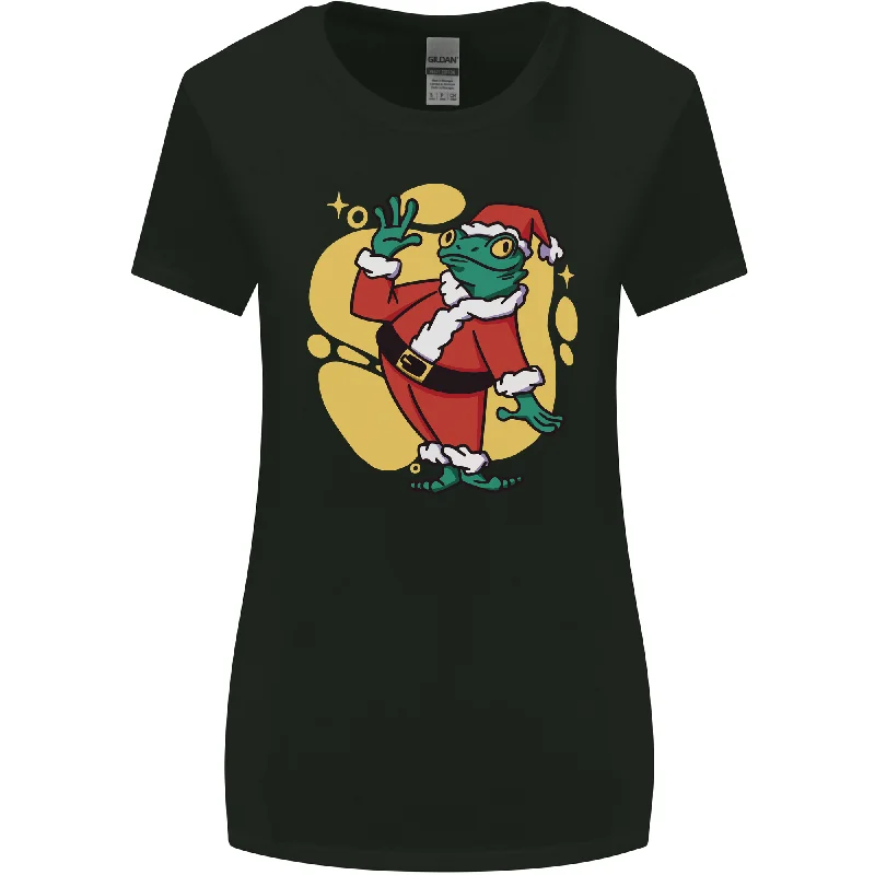 A Christmas Frog Dressed as Santa Claus Womens Wider Cut T-Shirt Striped Floral Plaid