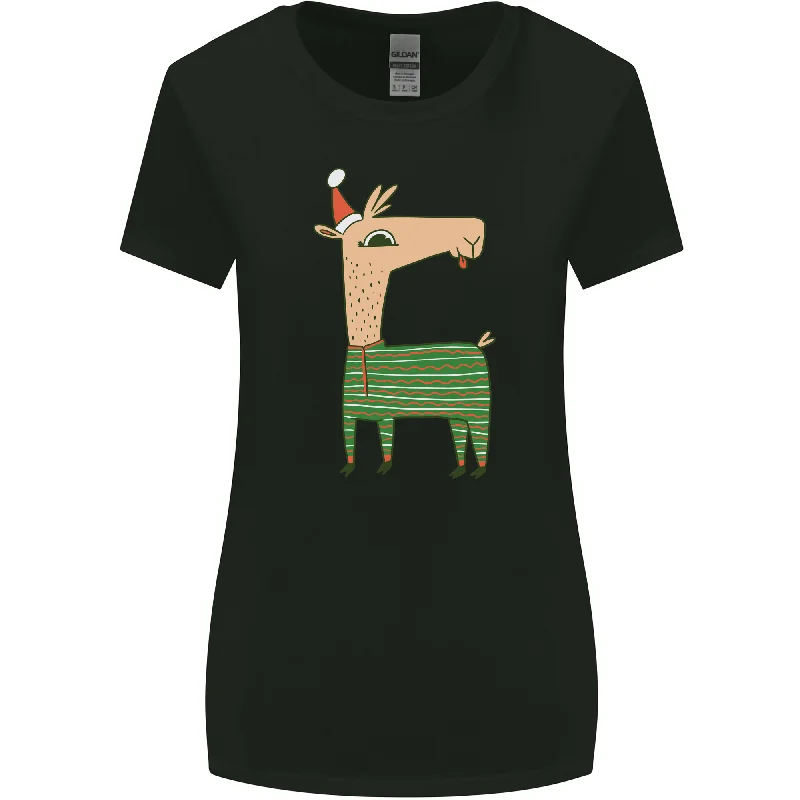A Christmas Llama Wearing an Xmas Hat Womens Wider Cut T-Shirt Terry Blend Velvet Blend Canvas Blend
