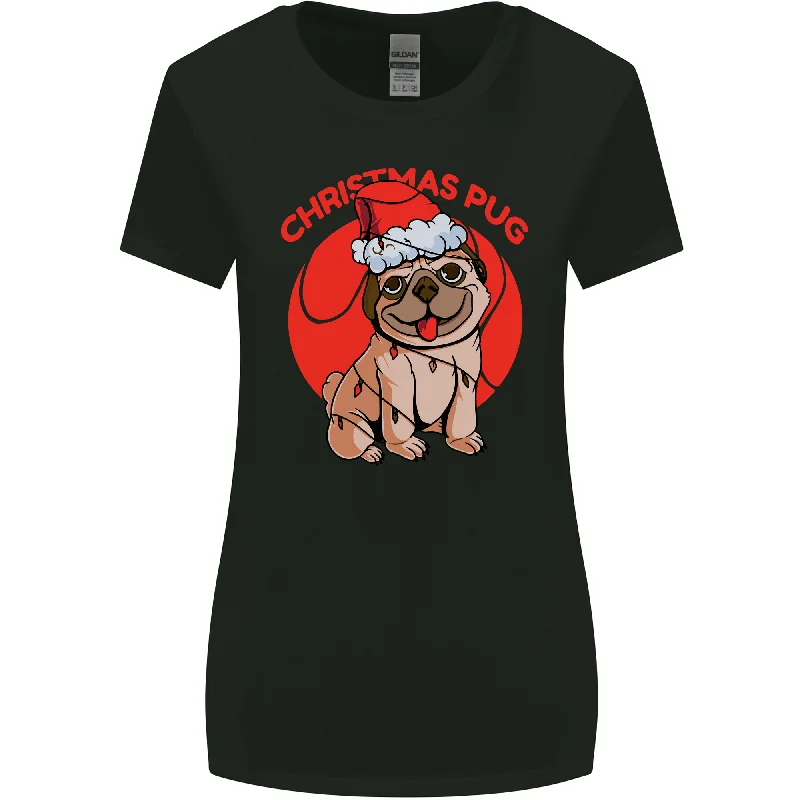 A Christmas Pug Wearing an Xmas Hat Womens Wider Cut T-Shirt Print Jacquard Patchwork