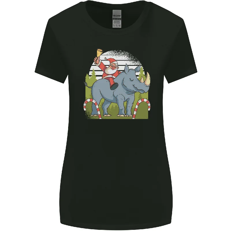 A Christmas Rhino With Santa Xmas Womens Wider Cut T-Shirt Cotton Fabric Linen Fabric Terry Fabric