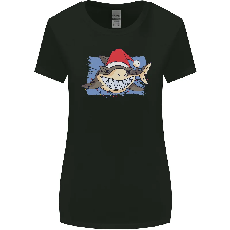 A Christmas Shark Wearing an Xmas Hat Womens Wider Cut T-Shirt Embroidered Appliqued Beaded