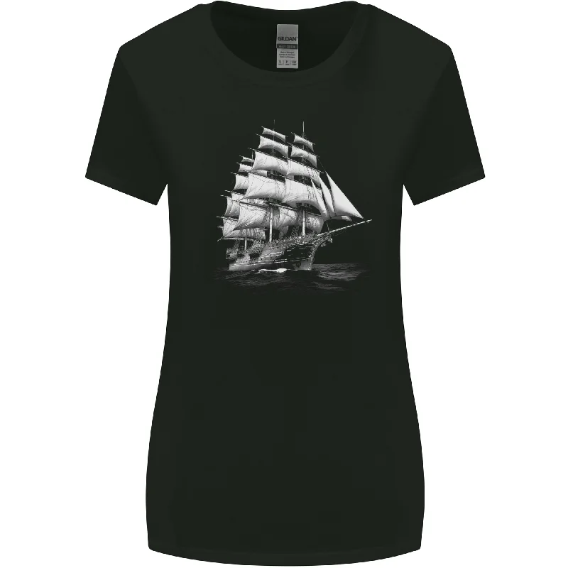 A Classic Sailing Ship Sailor Captain Navy Womens Wider Cut T-Shirt Print Jacquard Patchwork