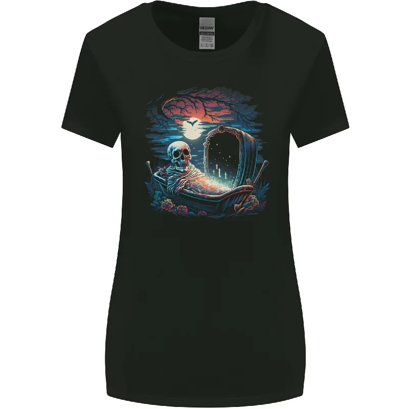 A Coffin and Skeleton in a Graveyard Halloween Womens Wider Cut T-Shirt Rayon Velvet Corduroy