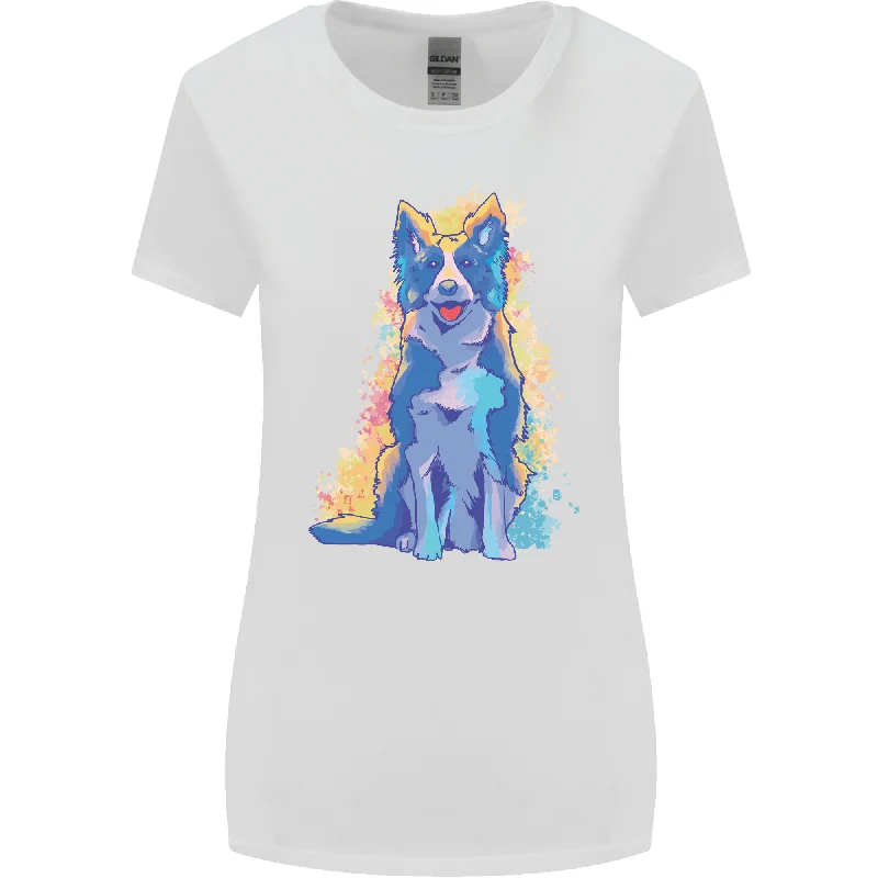 A Colourful Border Collie Dog Design Womens Wider Cut T-Shirt Chenille Blend Fleece Blend Nylon Blend