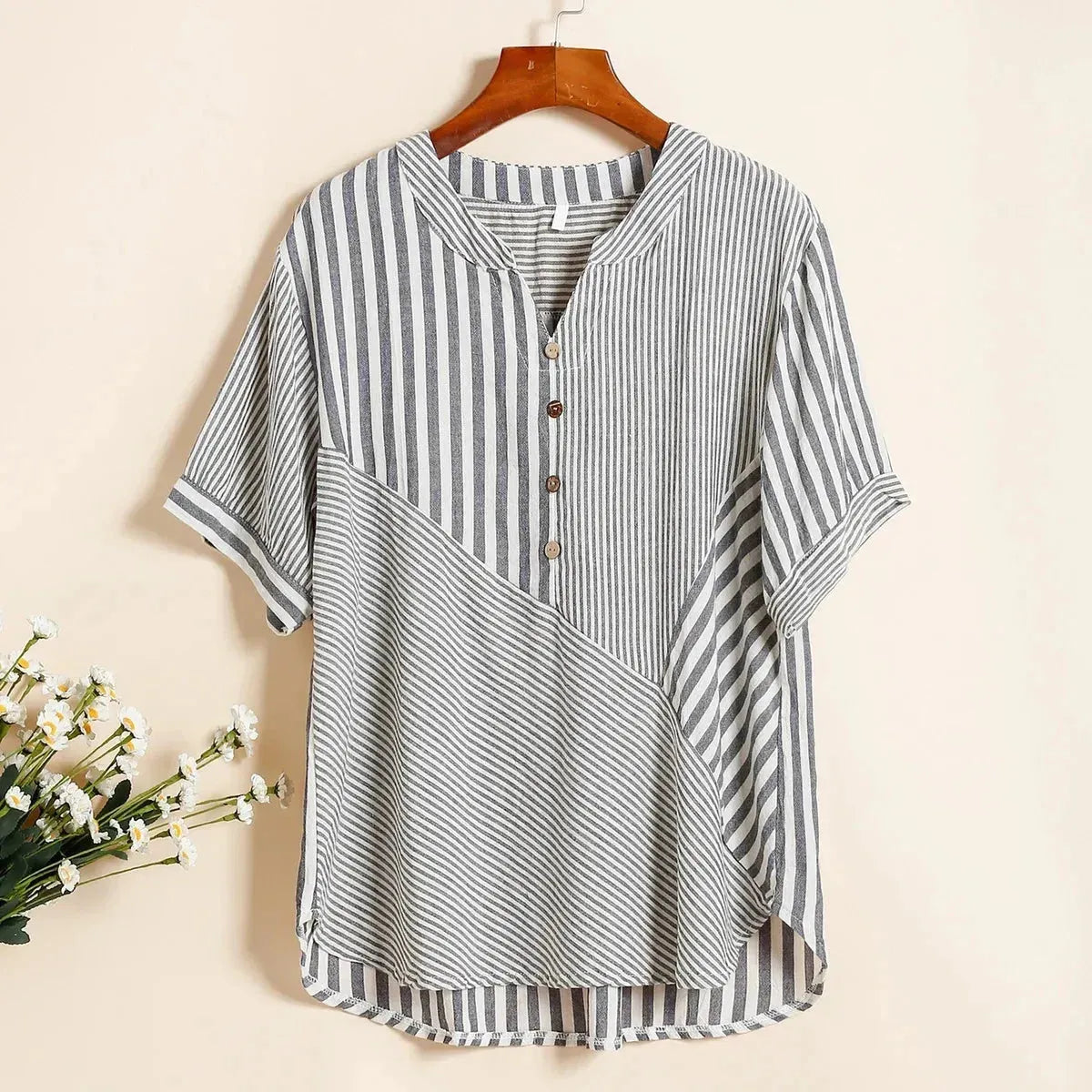 Casual Commute Female Striped Spliced V-Neck T-shirt Summer Women's Clothing Fas V-Neck T-Shirt Long Sleeve Cotton