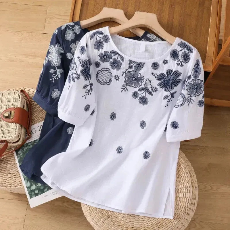 Cotton Linen T-shirt Women Summer Embroidery Loose Tees Short Sleeves Floral Top Hooded Caped Shawl Collar