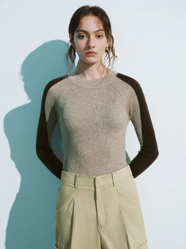 Crew Neck Skinny Knitted T-Shirt Welt Pockets Slit Pockets