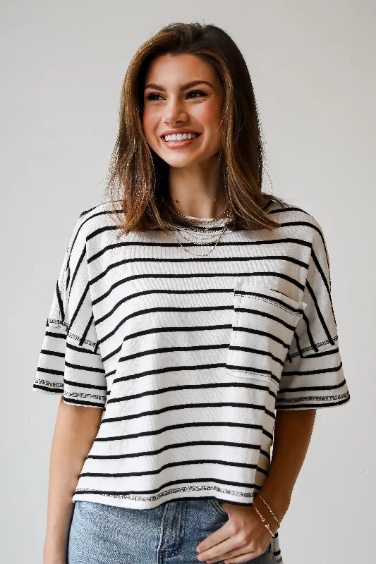 Everyday Bestie White Striped Tee Silk Blend Satin Velvet