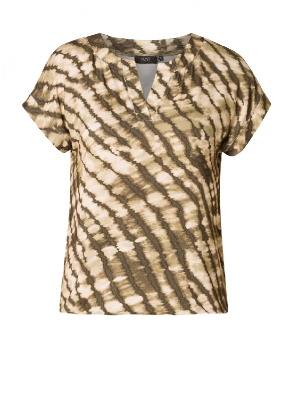 Khakifarbenes T-Shirt mit V-Ausschnitt Striped Floral Plaid