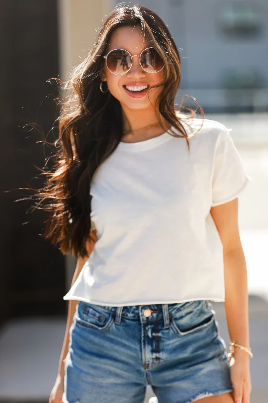 Lizzie White Cropped Tee - DU DEAL Solid Print Embellished
