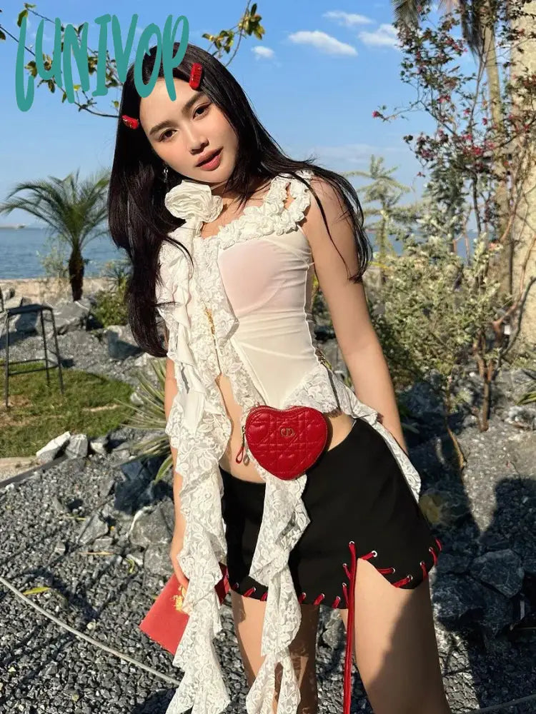 Lunivop Hollow Out Lace Crop Top Women Sexy Off Shoulder Bodycon Bandage Slim Tank Tops Ladies 2024 Folds Lace-up T-shirts Femme Collared Crew Neck Turtle Neck