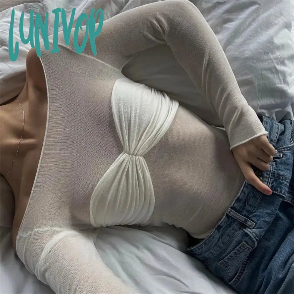 Lunivop Off Shoulder Knit Sheer Tops For Women Summer White Lace Twist T-Shirt Femme Long Sleeve Mesh Tops See-Through Knitted Basic T-Shirt Crew Neck Short Sleeve