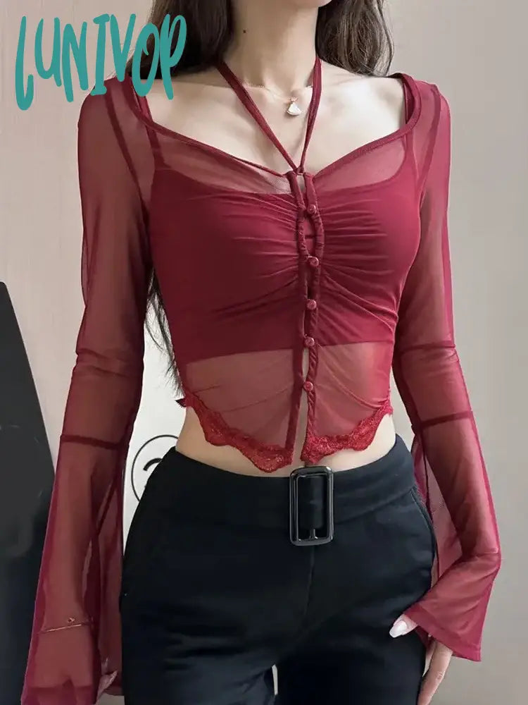 Lunivop See Through T-Shirts Women Irregular Crop Tops Female Sexy Spicy Girl 2 Piece Set Tees Ladies Hotsweet Slim Basic Tight T Shirt Embroidered Appliqued Beaded