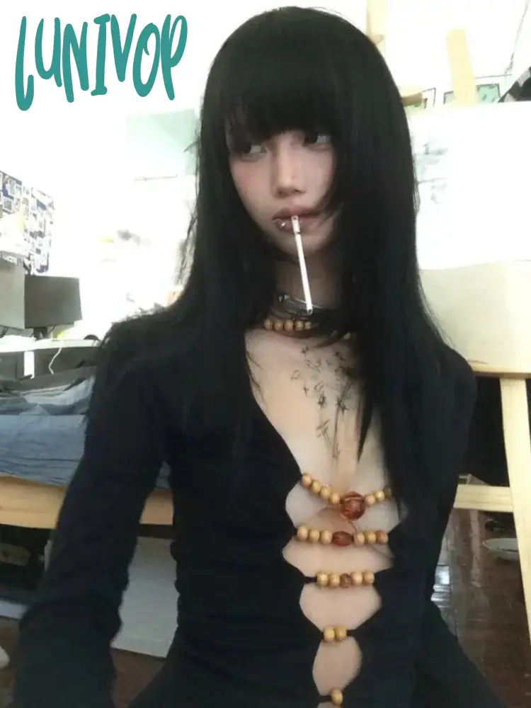 Lunivop Streetwear Y2k Aesthetic Causal T-Shirts Sexy Slim Hollow Out Beading Tshirts Harajuku Vintage Elegant Long Sleeve Bodycon Tees Asymmetrical Pockets Print