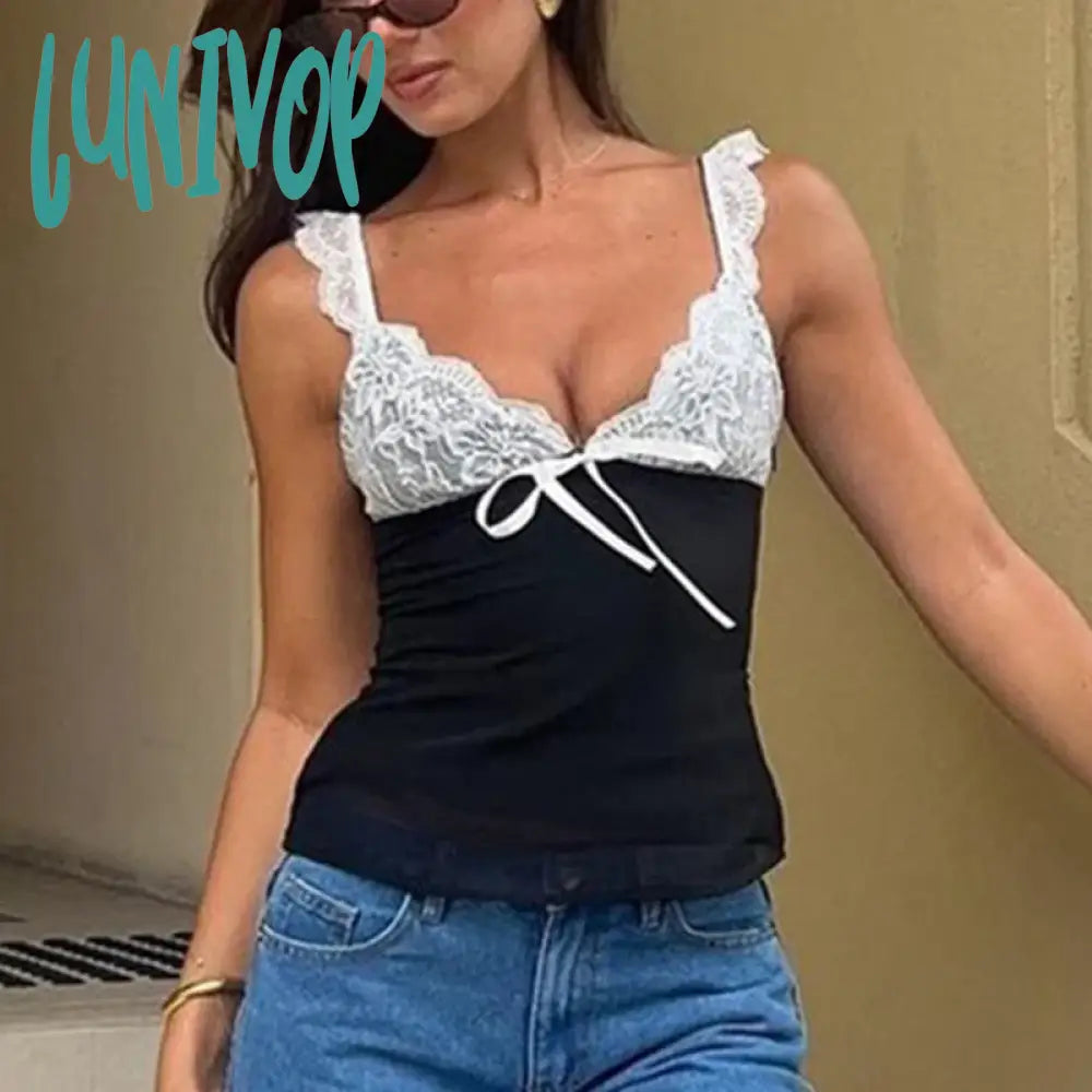 Lunivop V-neck Lace Suspender Top 2024 Summer Sexy Stitching Contrasting Color Vest Top Women's Hot Girl Fashion T-shirt Pullover Polka Dot Checkered Tartan