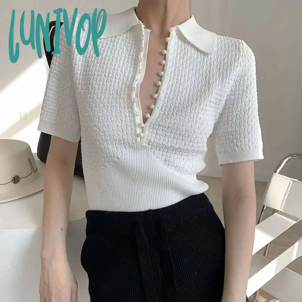 Lunivop White Knitted Polo Tops Women Summer Short Sleeve T-shirt Korean Fashion Pearl Button Basic Knitwear Satin Blend Silk Blend Wool Blend