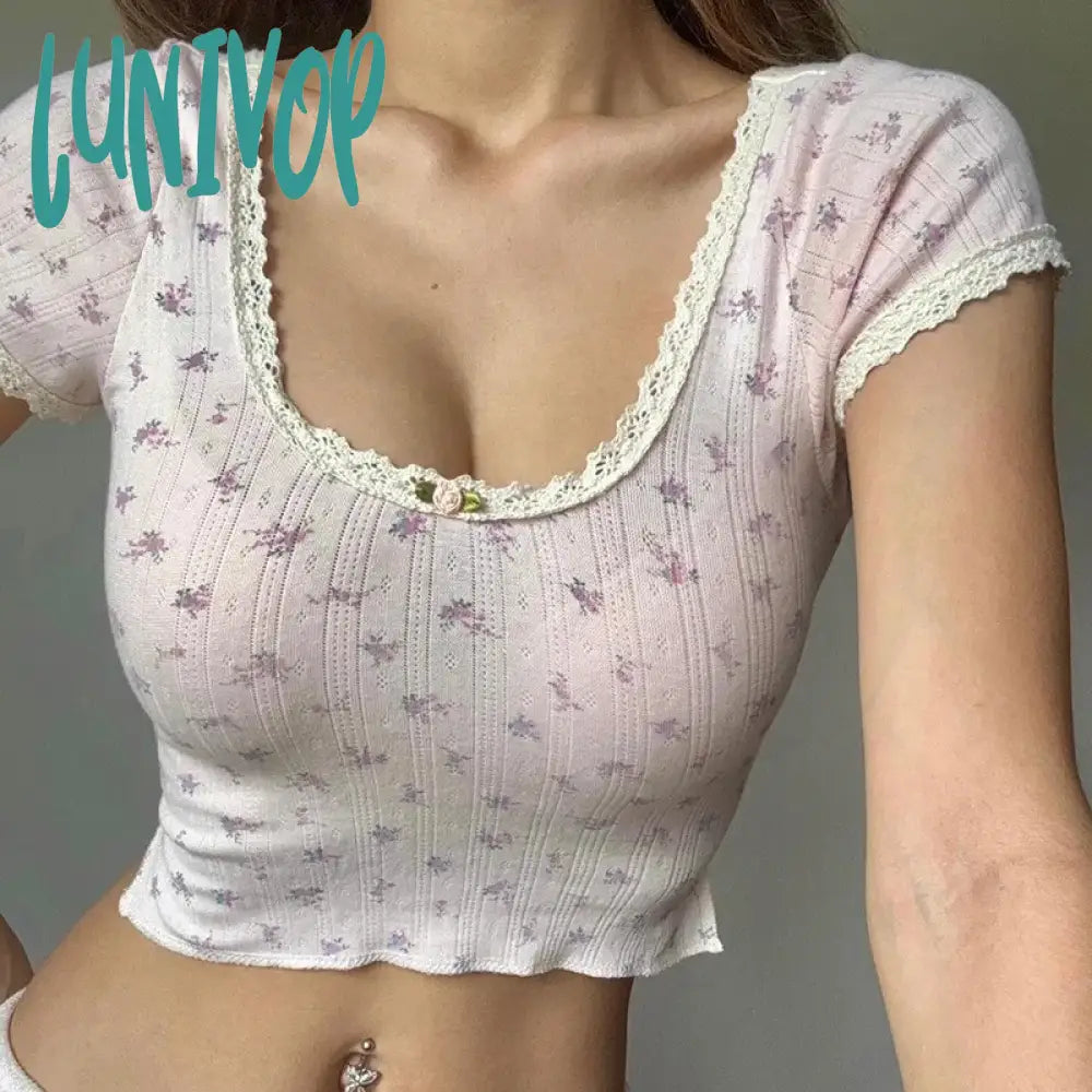 Lunivop Y2K Cute Floral T-shirts Women Summer Short Sleeve Lace Trim O-Neck Crop Tops Tee for Sweet Girls Kawaii Clothes Collared Crew Neck Turtle Neck