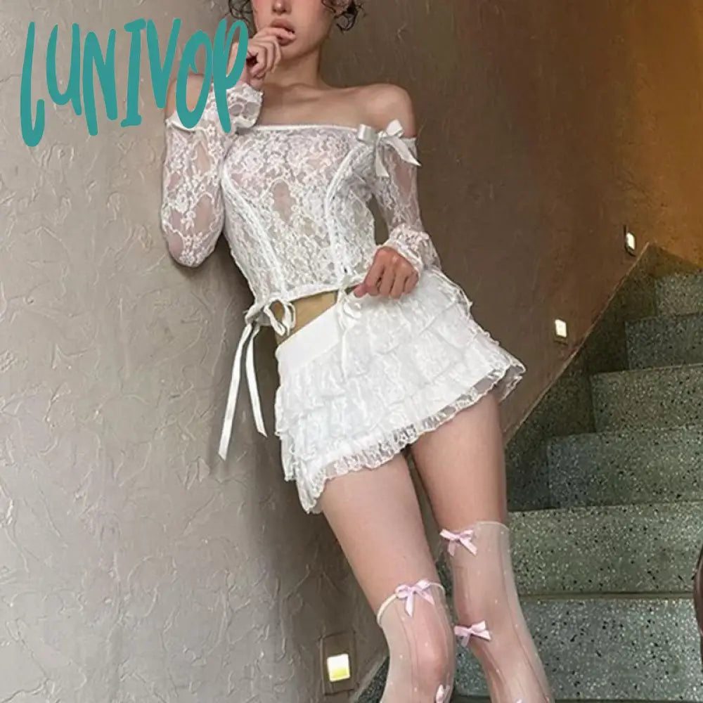 Lunivop Y2K Kawaii Retro Outfits Lolita 2 Piece Set Fairy Cute Bow Lace Off Shoulder Crop Tops T-shirt + Multi-layers Pleated Mini Skirt Oversized T-Shirt Spandex breathable