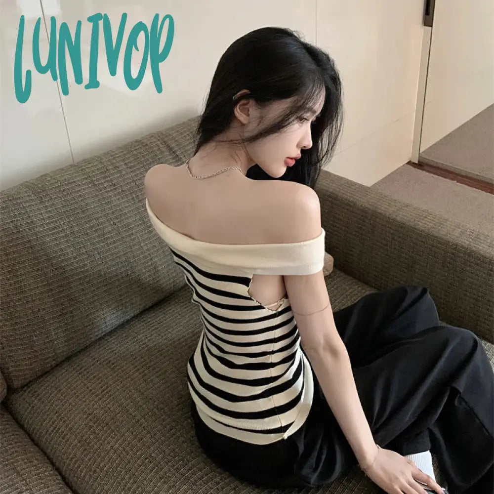 Lunivop Y2K Korean Crop Tops Women Knit Tops Contrast Stripe Boat Neck Off Shoulder Shirts Summer Slim Fit T-Shirts Tops Streetwear Machine Wash Dry Clean Hand Wash