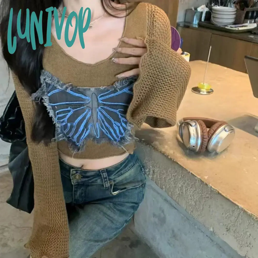 Lunivop Y2K Vintage Women Long Sleeve Crop Tops Denim Butterfly Patch V-Neck Knit T-Shirts Spring Fall Slim Fit Shirts Streetwear Polka Dot Checkered Tartan